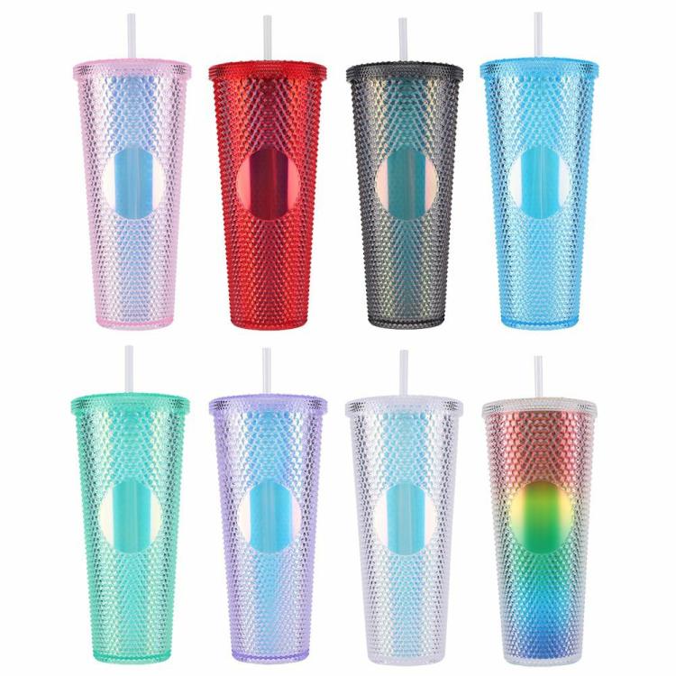 710ml Plastic Straw Cup Bubble Tea Cup Double-Walled with Lid for Home & Outdoor  |   Sports Bottles Camping & Hiking Pink/Red/Black/Blue/Green/Purple/Silver/Multicolored